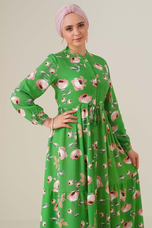 Merterium 2144 Hakim Yaka Tesettür Elbise - D.Yeşil