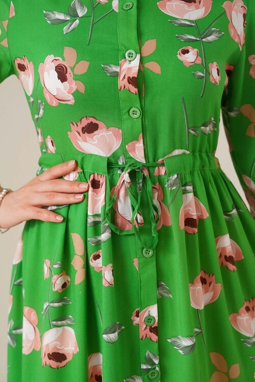 Merterium 2144 Hakim Yaka Tesettür Elbise - D.Yeşil