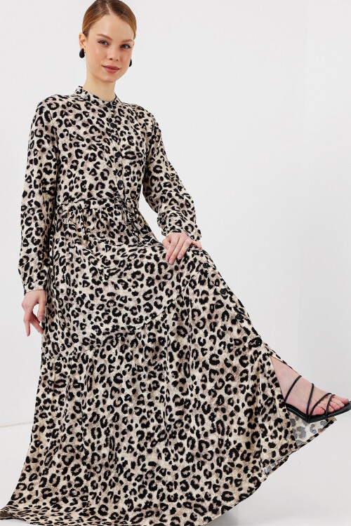 Merterium 2144 Hakim Yaka Tesettür Elbise - K. Bej