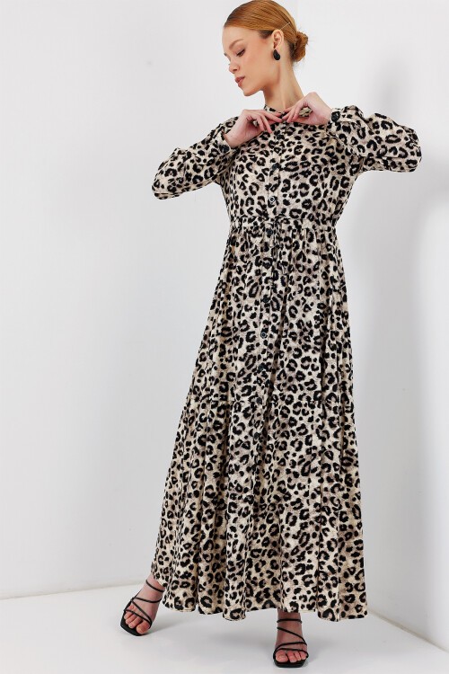 Merterium 2144 Hakim Yaka Tesettür Elbise - K. Bej