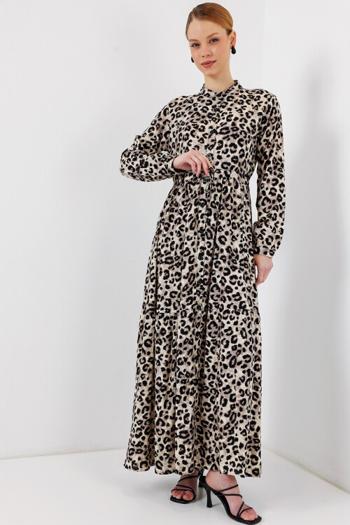 Merterium 2144 Hakim Yaka Tesettür Elbise - K. Bej