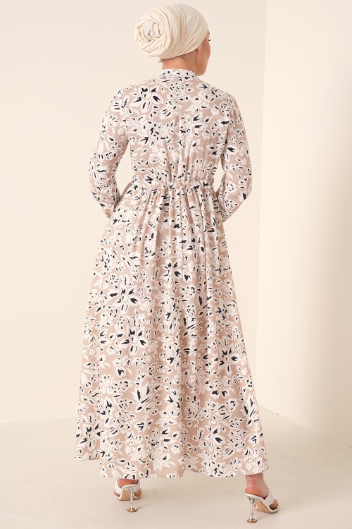 2144 Hakim Yaka Tesettür Elbise - Krem