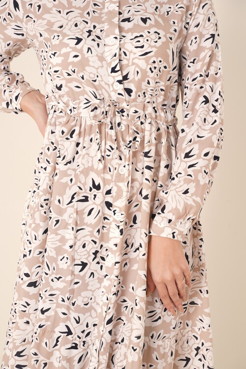 2144 Hakim Yaka Tesettür Elbise - Krem