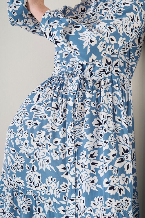 Merterium 2144 Hakim Yaka Tesettür Elbise - Mavi