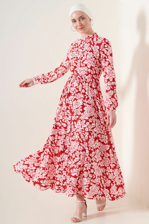 Merterium 2144 Hakim Yaka Tesettür Elbise - Nar