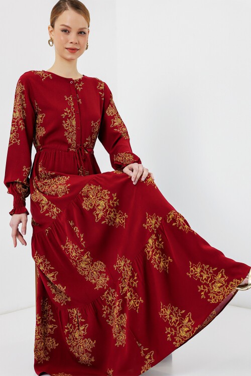Merterium 2145 Desenli Tesettür Elbise - B.Kırmızı