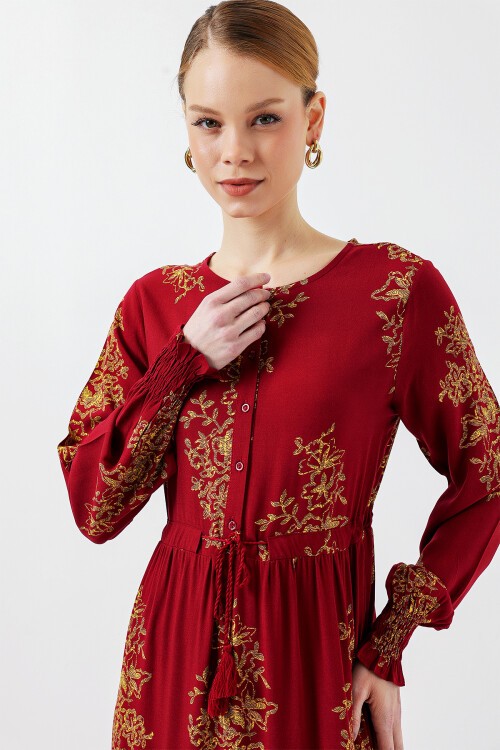 Merterium 2145 Desenli Tesettür Elbise - B.Kırmızı