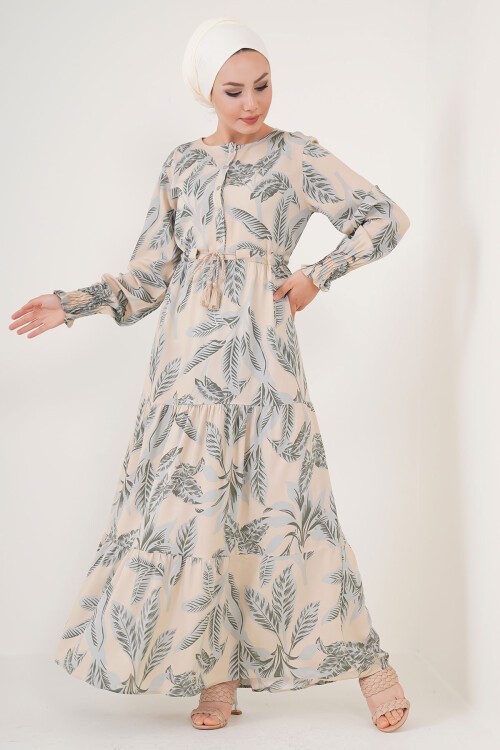 Merterium 2145 Desenli Tesettür Elbise - Bej
