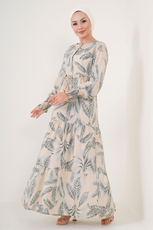 Merterium 2145 Desenli Tesettür Elbise - Bej