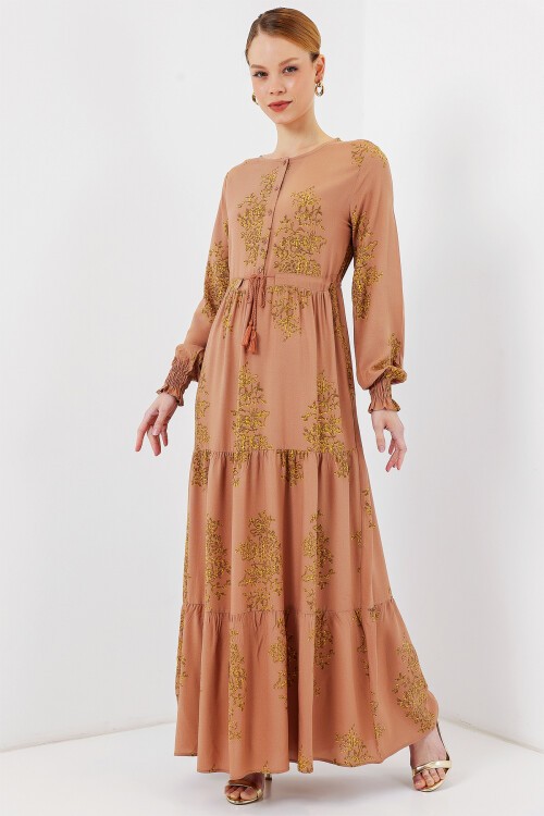 Merterium 2145 Desenli Tesettür Elbise - Bisküvi