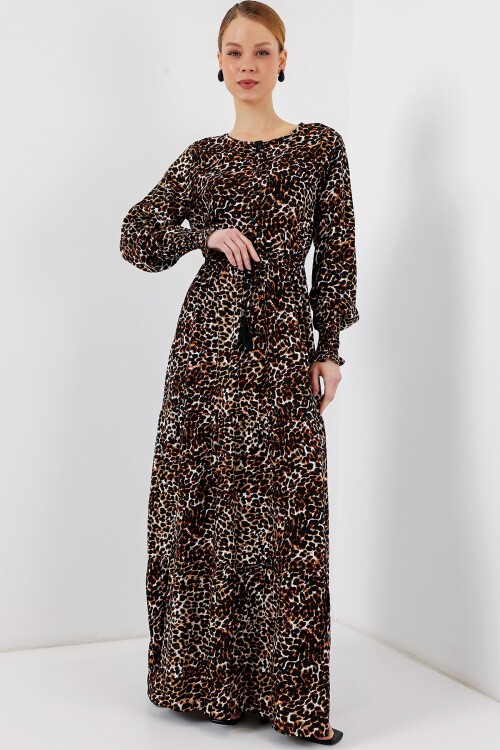 Merterium 2145 Desenli Tesettür Elbise - C. Kahverengi