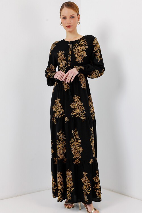 Merterium 2145 Desenli Tesettür Elbise - C.Siyah