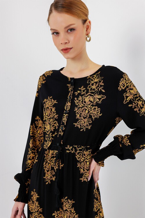 Merterium 2145 Desenli Tesettür Elbise - C.Siyah