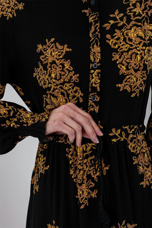 Merterium 2145 Desenli Tesettür Elbise - C.Siyah