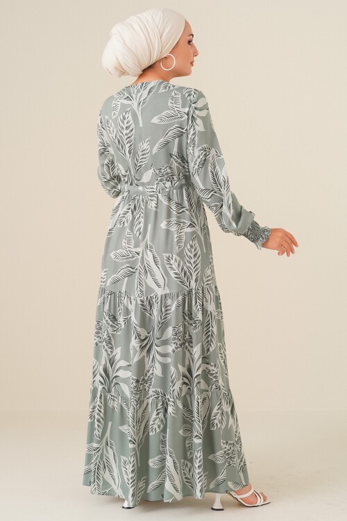 Merterium 2145 Desenli Tesettür Elbise - Çağla