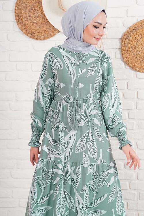 Merterium 2145 Desenli Tesettür Elbise - Haki