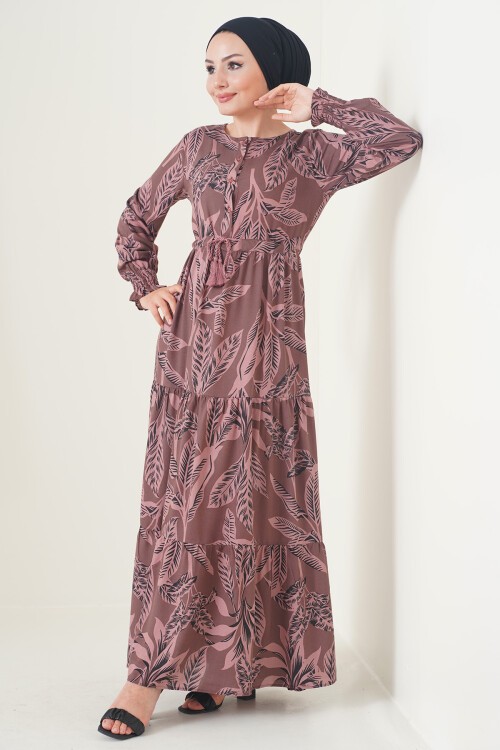 Merterium 2145 Desenli Tesettür Elbise - Kahverengi