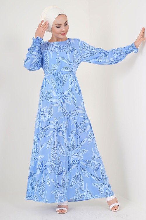 Merterium 2145 Desenli Tesettür Elbise - Mavi