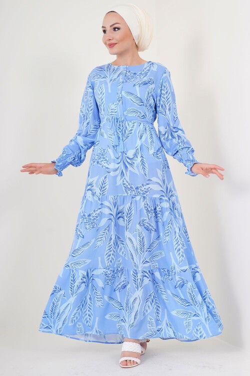 Merterium 2145 Desenli Tesettür Elbise - Mavi