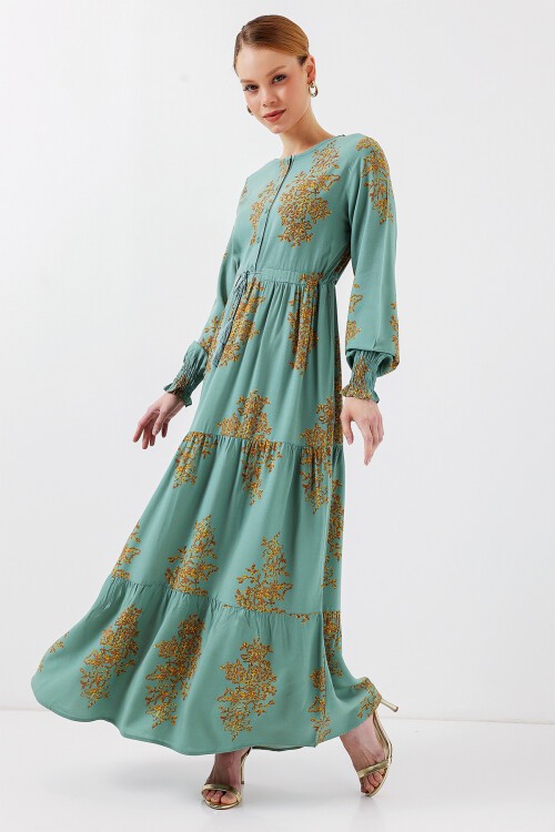 Merterium 2145 Desenli Tesettür Elbise - Mint