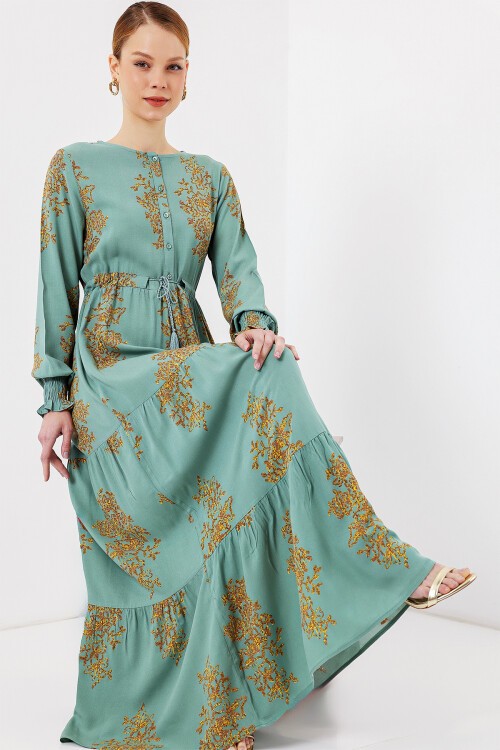 Merterium 2145 Desenli Tesettür Elbise - Mint