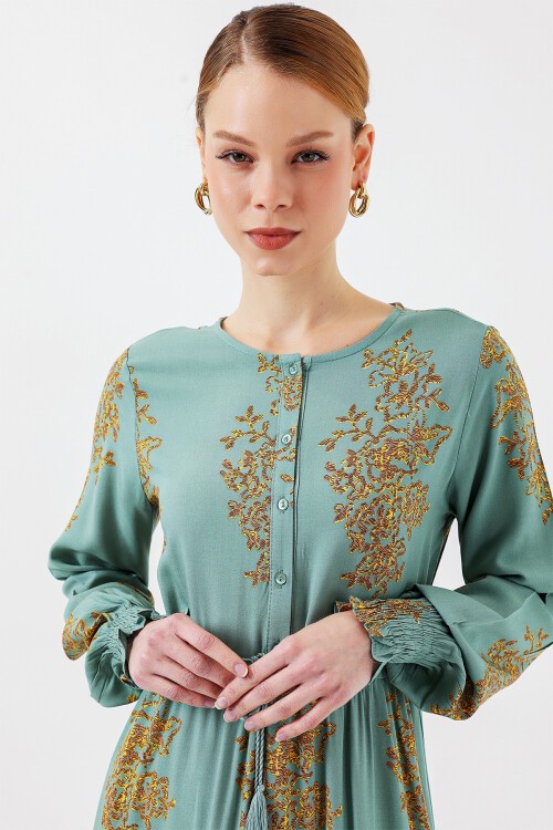 Merterium 2145 Desenli Tesettür Elbise - Mint