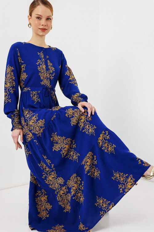 Merterium 2145 Desenli Tesettür Elbise - Saks