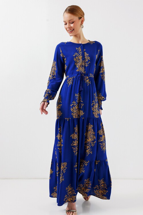 Merterium 2145 Desenli Tesettür Elbise - Saks