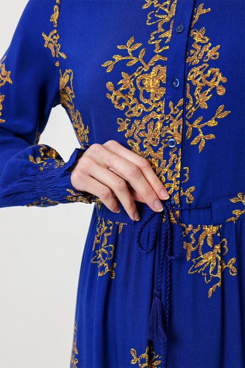 Merterium 2145 Desenli Tesettür Elbise - Saks