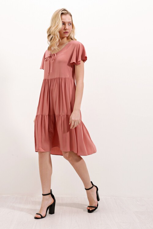 Merterium 2352 V Yaka Kısa Elbise - D.Gül Kurusu