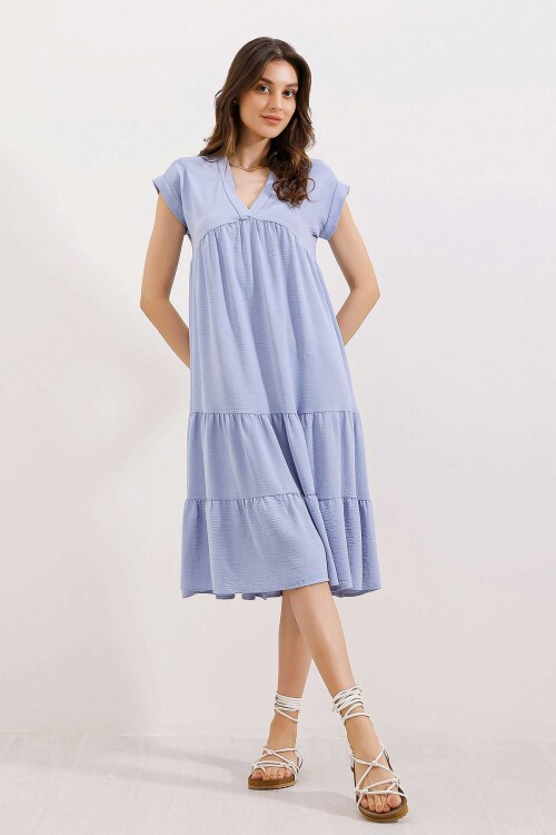 Merterium 2398 V Yaka Volanlı Elbise - Mavi