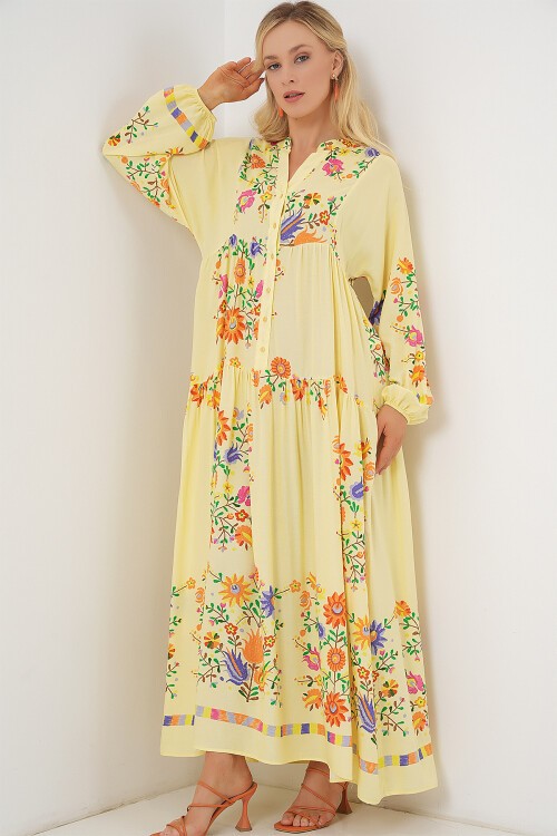 Merterium 2423 Otantik Desenli Tesettür Elbise - A.Sarı