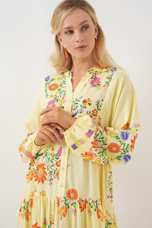 Merterium 2423 Otantik Desenli Tesettür Elbise - A.Sarı