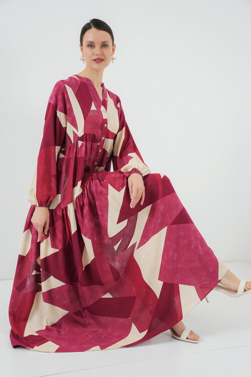 2423 Otantik Desenli Tesettür Elbise - B. Bordo