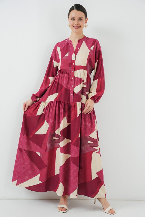 2423 Otantik Desenli Tesettür Elbise - B. Bordo