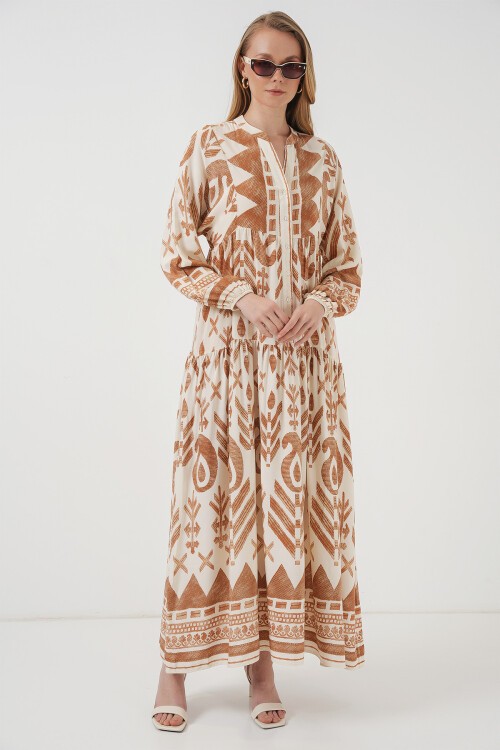 Merterium 2423 Otantik Desenli Tesettür Elbise - B. Hardal