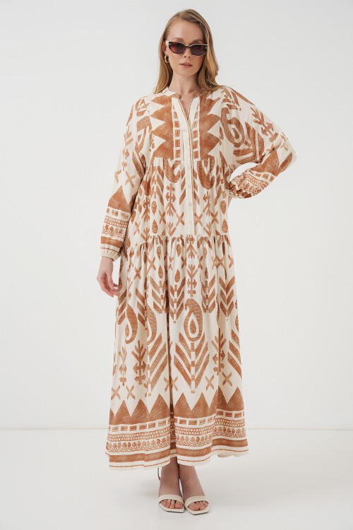 Merterium 2423 Otantik Desenli Tesettür Elbise - B. Hardal