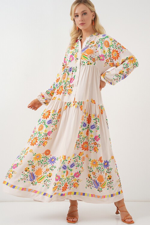 Merterium 2423 Otantik Desenli Tesettür Elbise - B. Turuncu