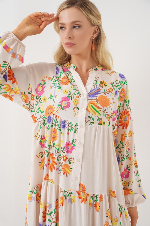 Merterium 2423 Otantik Desenli Tesettür Elbise - B. Turuncu