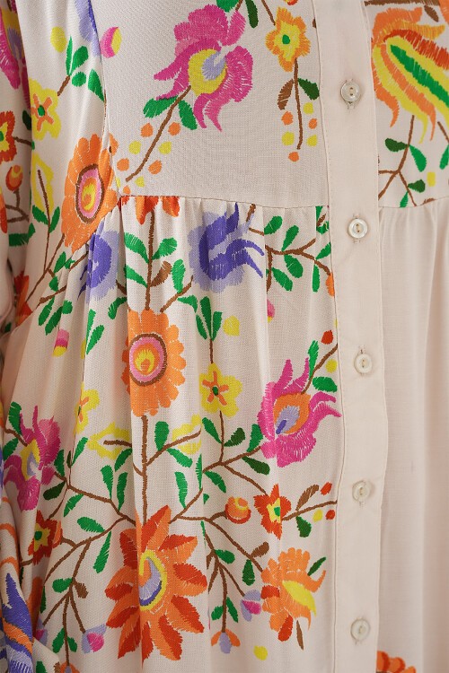 Merterium 2423 Otantik Desenli Tesettür Elbise - B. Turuncu