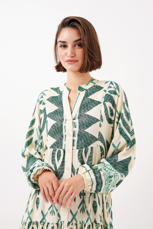 Merterium 2423 Otantik Desenli Tesettür Elbise - B.Yeşil