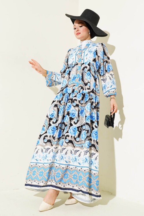 Merterium 2423 Otantik Desenli Tesettür Elbise - Bebe Mavi