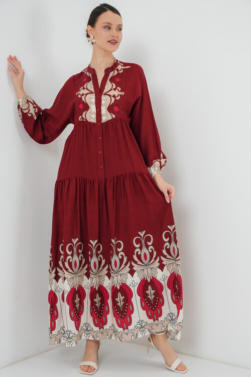 Merterium 2423 Otantik Desenli Tesettür Elbise - C. Bordo