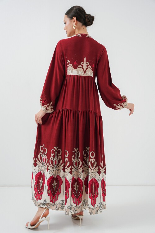 Merterium 2423 Otantik Desenli Tesettür Elbise - C. Bordo