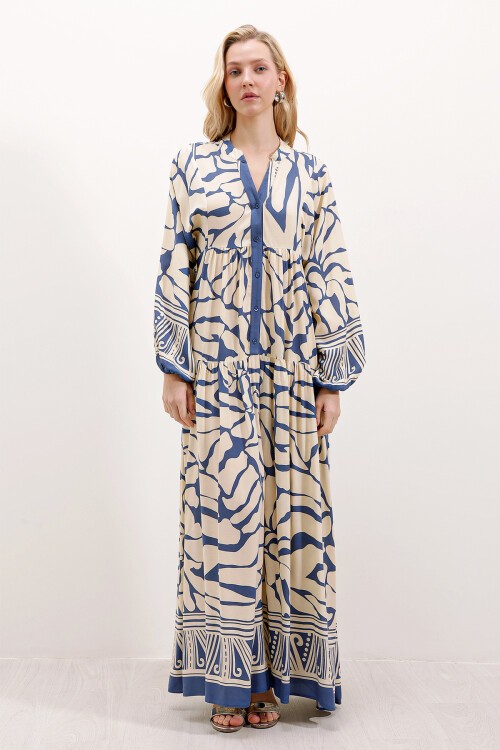 Merterium 2423 Otantik Desenli Tesettür Elbise - C. İndigo