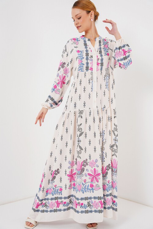 Merterium 2423 Otantik Desenli Tesettür Elbise - C. Pembe