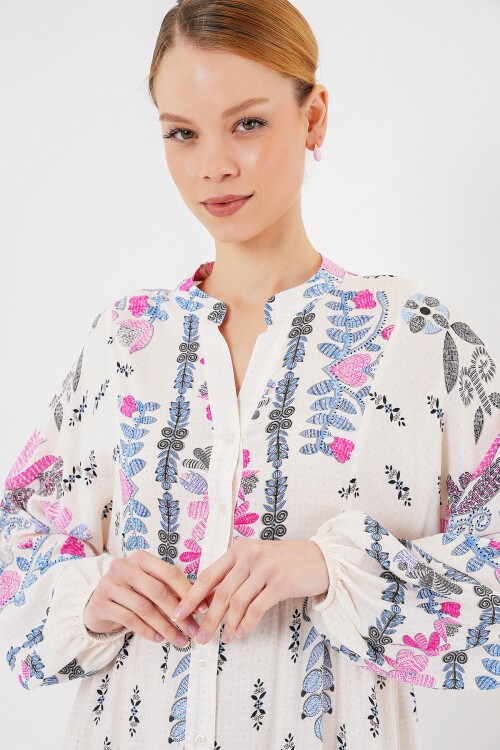 Merterium 2423 Otantik Desenli Tesettür Elbise - C. Pembe