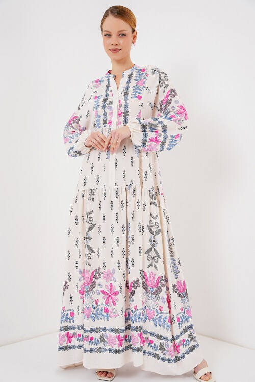 Merterium 2423 Otantik Desenli Tesettür Elbise - C. Pembe