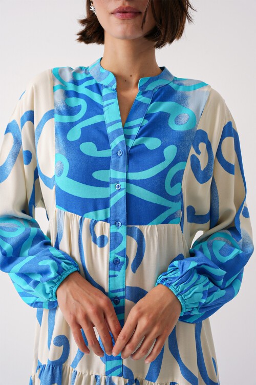 Merterium 2423 Otantik Desenli Tesettür Elbise - C.Mavi