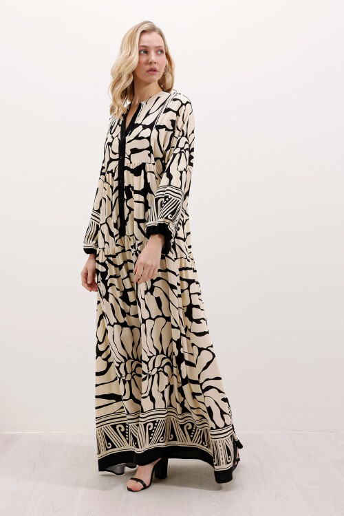 Merterium 2423 Otantik Desenli Tesettür Elbise - C.Siyah